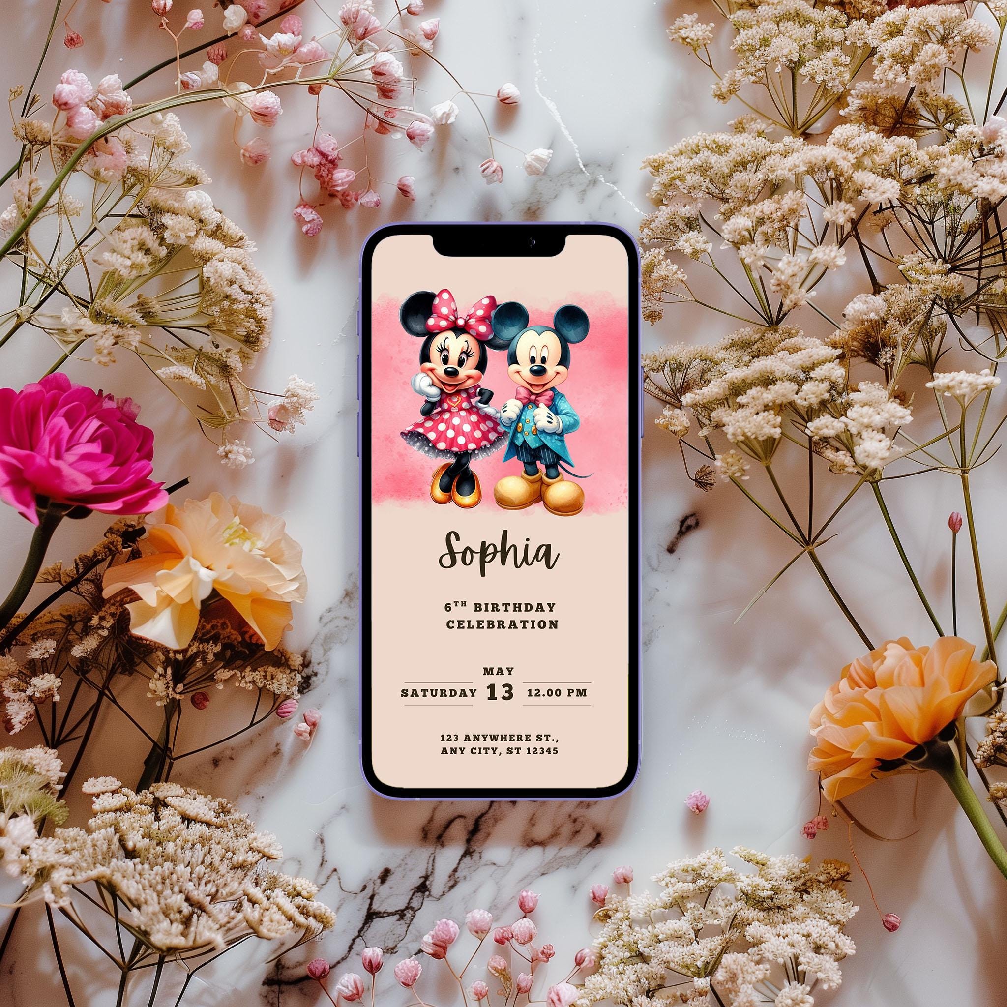 Mickey and Minnie Mouse 1st Birthday Invitation Editable Canva Template ...