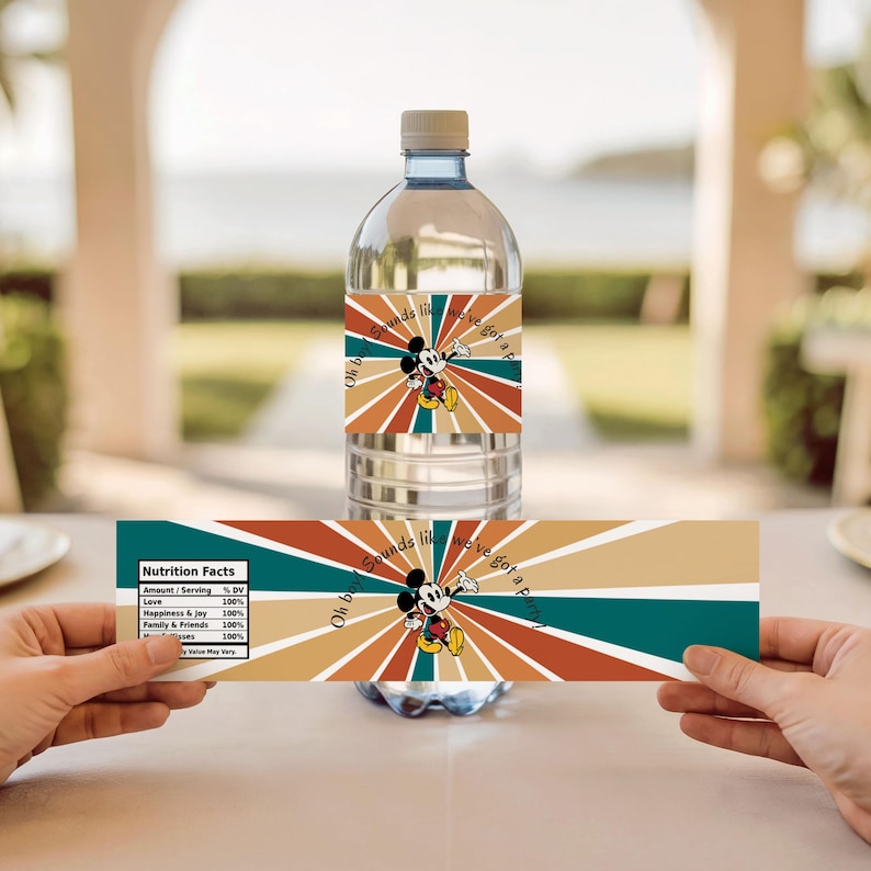 May include: A clear water bottle with a label featuring Mickey Mouse and the text "Oh boy sounds like we've got a party". The label has a retro design with orange, brown, and teal stripes. A second label is held below.