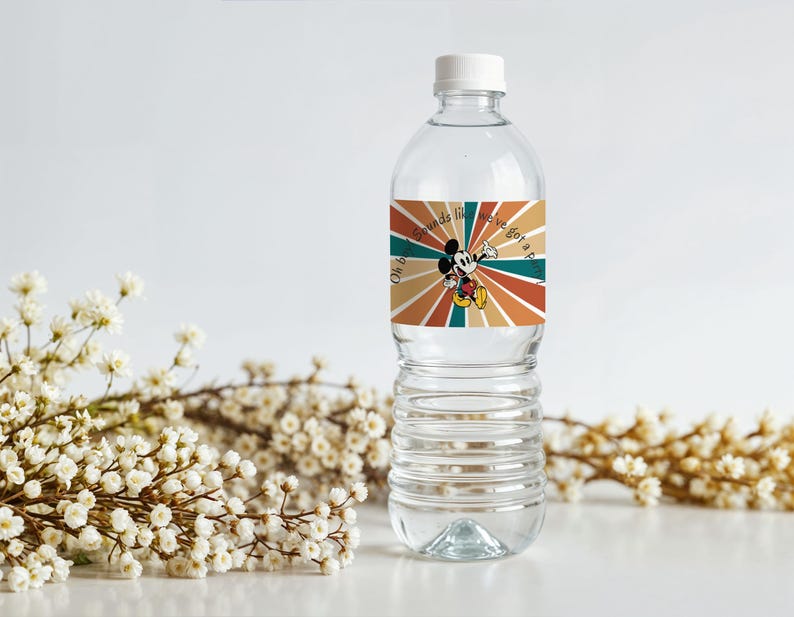 May include: Clear plastic water bottle with a white cap. The bottle has a label featuring Mickey Mouse with the text "Oh boy sounds like we've got a party". The label has a retro design with orange, teal, and brown rays.