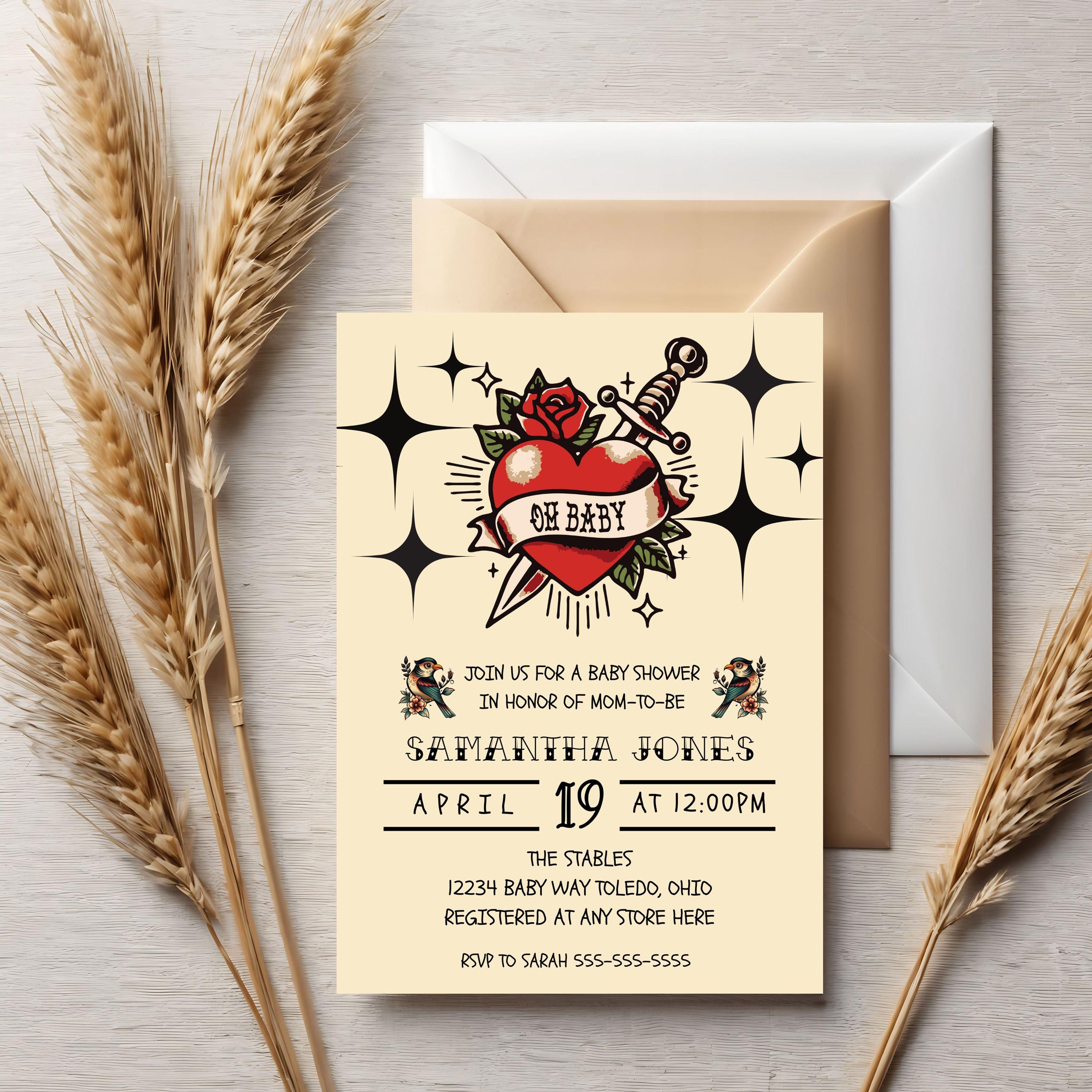 Traditional Tattoo Baby Shower Invitation: Rockabilly Old School (Editable Digital Download)
