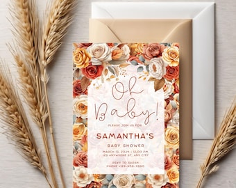 Invitación rústica floral para baby shower: Plantilla editable (descarga inmediata)