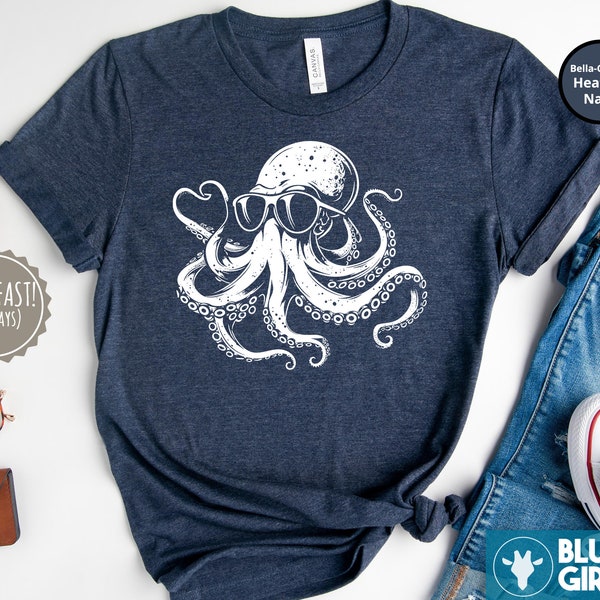 Octopus With Glasses Shirt, Ocean Shirt, Sea Animals Gift, Octopus Clothing, Cool Octopus Toddler Shirt, Gift for Him