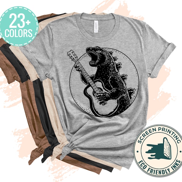 Godzilla Playing Guitar Cool T Shirt, Graphic Tees, Acoustic Electric Bass Player Shirts, For Men Women Retro Rock Band