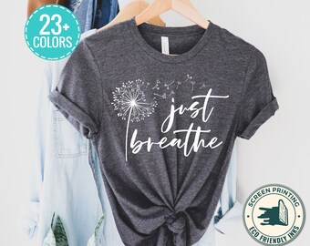 Just Breathe Women’s T-Shirt – Positive Floral Graphic Tee, Short Sleeve, Rosy Color, Soft Cotton Blend