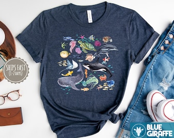Chemise d’animaux marins à l’aquarelle, tee-shirt nature aquatique, t-shirt de conservation, cadeau Oceancore, tee-shirt amoureux des baleines, t-shirt océan, chemise animalière