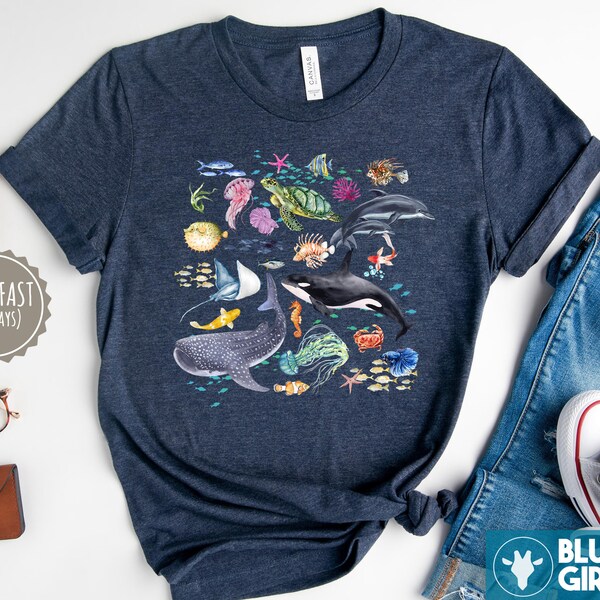 Watercolor Marine Animals Shirt, Aquatic Nature Tee, Conservation T Shirt, Oceancore Gift, Whale Lover Tee, Ocean Tshirt, Wildlife Shirt