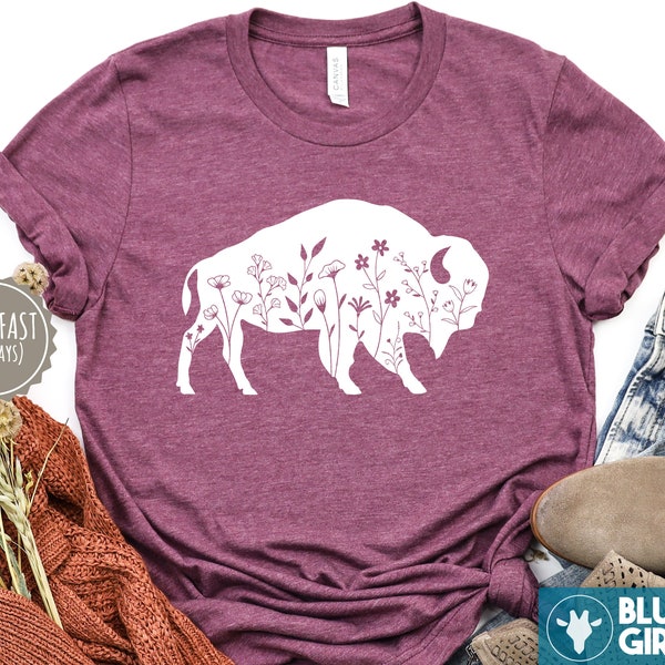 Floral Buffalo TShirt, Buffalo Shirts, Nature Lover Shirt, Wildlife T-Shirt, Wildlife Lover Tee, Country T-Shirt, Bison Shirt, Buffalo Tee