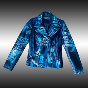 Black blue leather jacket with statement design - real leather, truly unique!