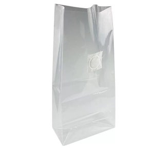 May include: A clear plastic bag with a round, white label. The bag is empty and has a flat bottom.