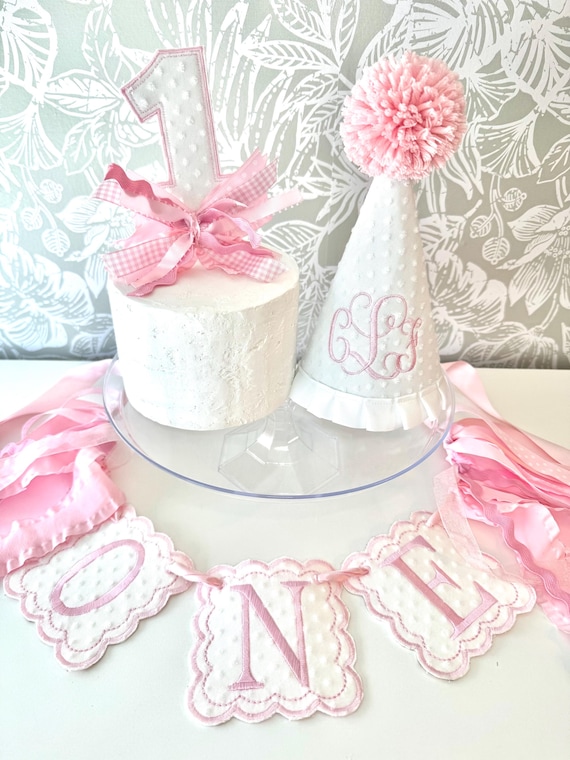 First Birthday Hat and Garland Set: Pink Embroidered Party Decor