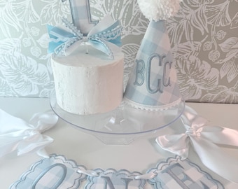 Blue Gingham Birthday Boy Hat and Garland Set: Blue White Party Decor