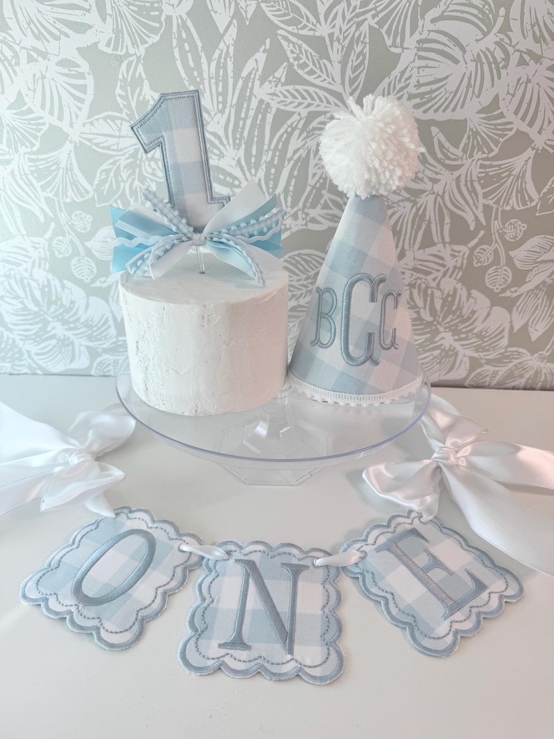 Blue Gingham Birthday Boy Hat and Garland Set: Blue White Party Decor ...