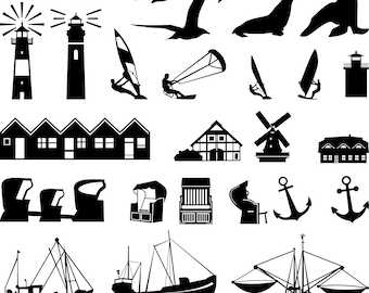 North Sea House Water Ship Animal Bird Lighthouse Set png jpg svg eps