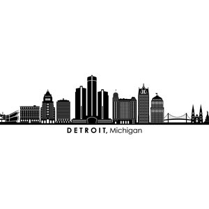 Puede incluir: Silueta en blanco y negro del horizonte de Detroit, incluyendo el Renaissance Center, el GM Renaissance Center y el Fisher Building. El texto "DETROIT, Michigan" está debajo del horizonte.