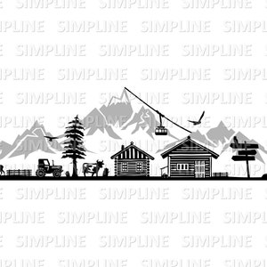 May include: Black and white silhouette of a mountain scene with a deer, tractor, cow, cabins, and a hiker. A ski lift and birds are also included in the design. The background features a mountain range.
