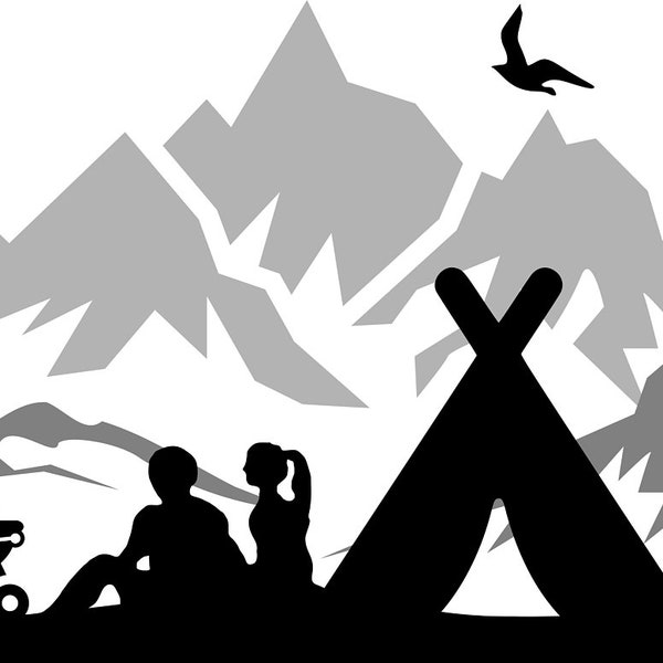 TENT MOUNTAINS HOLIDAY Wilderness Skyline Outline Silhouette Vector svg eps jpg png