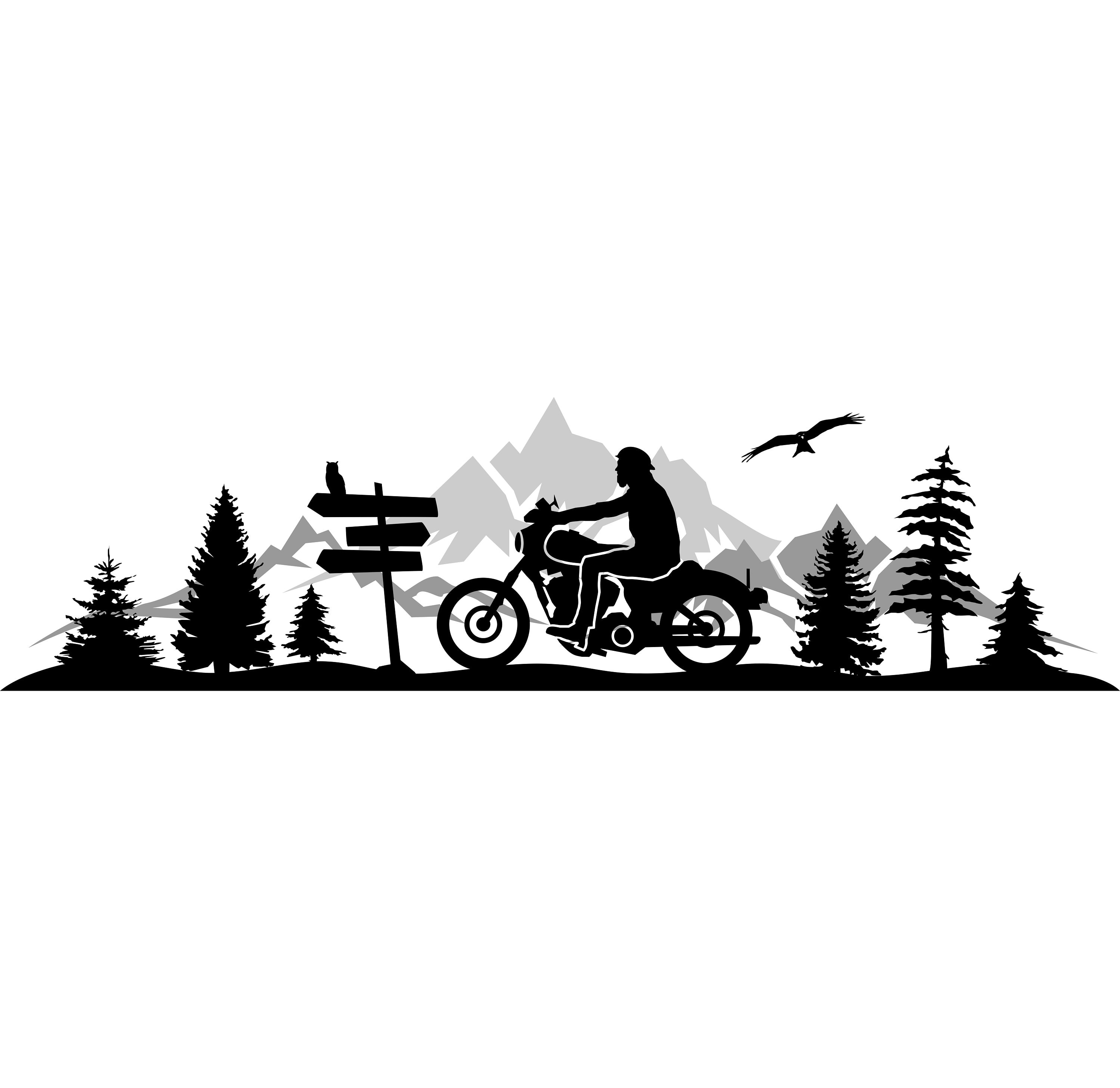 MOUNTAINS FOREST MOTORCYCLE Silhouette Vector Graphic svg eps jpg png