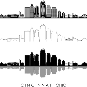 May include: Three black and white illustrations of the Cincinnati, Ohio skyline. The top image is a solid black silhouette. The middle image is a line drawing. The bottom image is a black silhouette with a reflection and the text "CINCINNATI, OHIO".