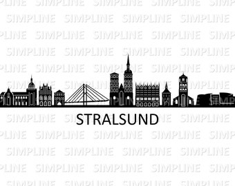 Op de afbeelding: Een zwart-wit silhouet van de skyline van Stralsund, met iconische gebouwen, een brug en de naam van de stad. Het ontwerp staat tegen een witte achtergrond met een herhalend "SIMPLINE" patroon.