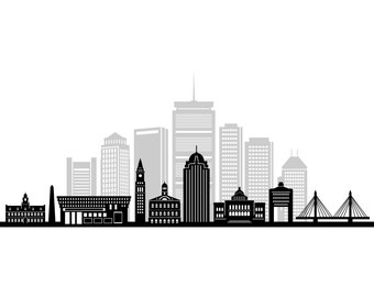 May include: Black and white silhouette of the Boston skyline, featuring iconic buildings like the Custom House Tower, the State House, and the John Hancock Tower.