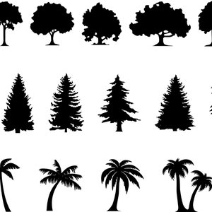 May include: Silhouettes of various trees, including deciduous trees with rounded canopies, coniferous trees with pointed tops, and palm trees with fronds.