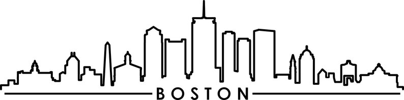 Puede incluir: Un dibujo lineal en blanco y negro del horizonte de Boston. La palabra "BOSTON" est&aacute; escrita debajo. La imagen presenta edificios y estructuras ic&oacute;nicas de la ciudad.