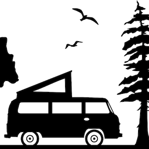 BUS FOREST CAMPING Holiday Wilderness Skyline Outline Silhouette Vector svg eps jpg png