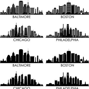 Baltimore Chicago Boston Philadelphia City SKYLINE SET Outline Silhouette Vector svg eps jpg