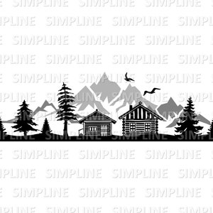 MOUNTAINS HUT FOREST Holiday Landscape House Nature Skyline Silhouette