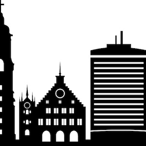 Könnte beinhalten: Schwarz-weiße Silhouette einer Stadtlandschaft. Das Bild zeigt verschiedene Gebäude, darunter Kirchen, Wolkenkratzer und andere architektonische Strukturen. Die Skyline ist vor einem weißen Hintergrund dargestellt.