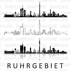 May include: Black and white silhouette of the Ruhrgebiet skyline, featuring a tall tower, industrial buildings, and a bridge. The text "RUHRGEBIET" is written below the skyline.