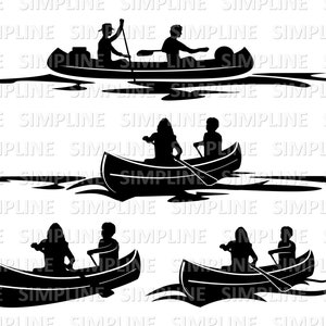Pode incluir: Silhuetas de pessoas em canoas remando em um lago. As canoas são pretas e a água é branca. Existem três cenas diferentes de pessoas em canoas.