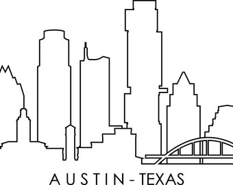 May include: Black and white line art illustration of the Austin, Texas skyline. The skyline features several buildings, including the iconic Texas State Capitol building, and a bridge. The text "AUSTIN - TEXAS" is written below the skyline.