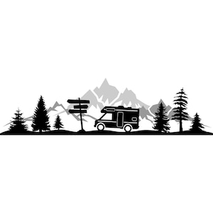 MOTORHOME MOUNTAINS FOREST Outline Silhouette Vector Graphic svg eps jpg png