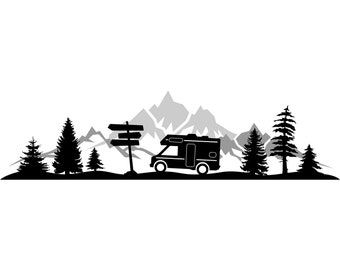 MOTORHOME MOUNTAINS FOREST Outline Silhouette Vector Graphic svg eps jpg png