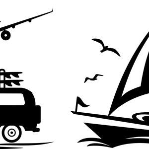 May include: Black and white illustration of a van with surfboards on top, a sailboat with a sail, and an aeroplane flying overhead. The van has a surfboard strapped to the side. The sailboat is in the water with waves. The aeroplane is in the sky with birds flying around it.