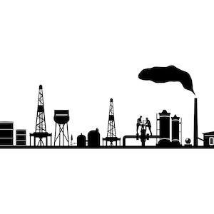 Puede incluir: Silueta en blanco y negro de un paisaje industrial, con torres de perforación petrolera, tanques de almacenamiento y una chimenea emitiendo humo. Figuras silueteadas de trabajadores sugieren la industria del petróleo o gas.