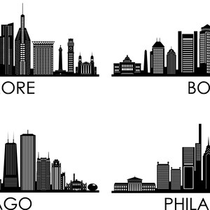 Baltimore Chicago Boston Philadelphia City SKYLINE SET Outline Silhouette Vector svg eps jpg