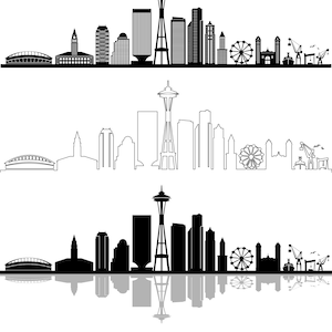 May include: Black and white silhouette of the Seattle skyline, featuring the Space Needle, a Ferris wheel, and other buildings. The skyline is reflected in the water below. The word "SEATTLE" is written in all caps below the skyline.