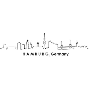 May include: Black and white line art illustration of the Hamburg, Germany skyline. The skyline features the city's most recognizable landmarks, including the Elbphilharmonie concert hall and the St. Michaelis Church.