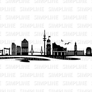 May include: Black and white silhouette of a city skyline with tall buildings, a bridge, and a church steeple.