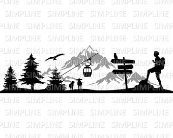 MOUNTAINS GONDOLA Hiking Silhouette Graphic Vector svg eps png jpg