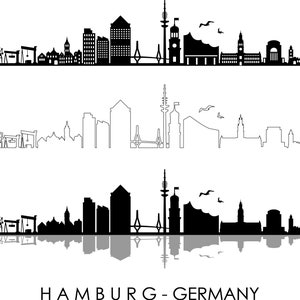 May include: Black and white silhouette of the Hamburg skyline with a reflection of the city below. The text "HAMBURG - GERMANY" is at the bottom of the image.