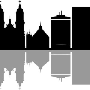 Könnte beinhalten: Schwarz-weiße Silhouette einer Skyline mit hohen Gebäuden und Kirchen. Die Skyline spiegelt sich im Wasser darunter wider.