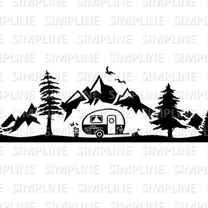 Puede incluir: Ilustración en blanco y negro de una caravana estacionada en un paisaje de montaña con árboles y una maceta.