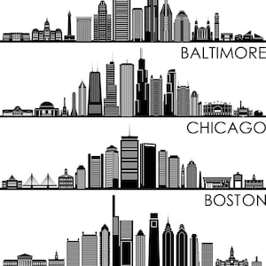 Baltimore Chicago Boston Filadélfia City SKYLINE SET Outline Silhouette Vector svg eps jpg png