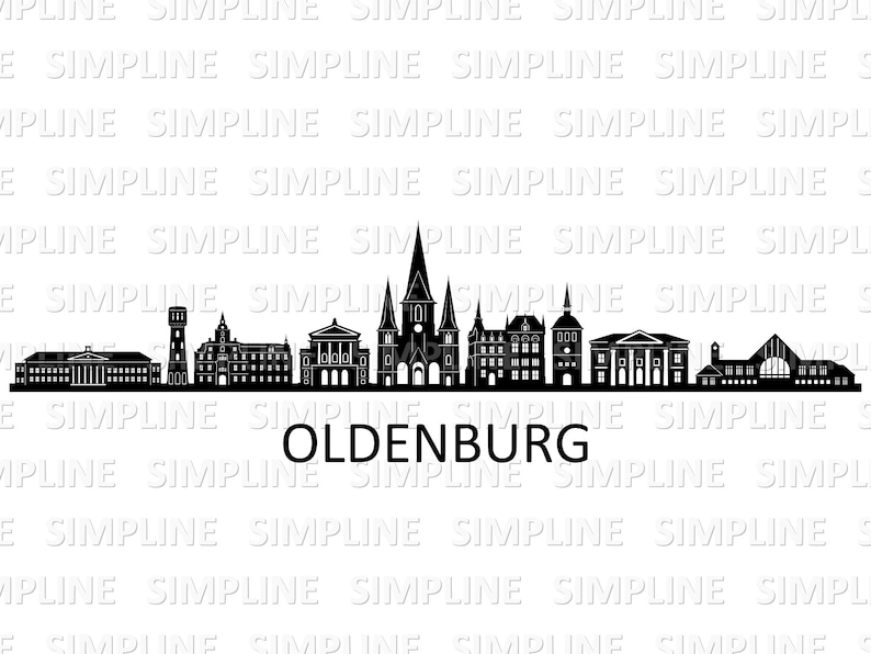 May include: Black and white silhouette cityscape of Oldenburg, Germany. The skyline features several buildings, including a church with a tall spire.