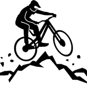 Könnte beinhalten: Schwarz-weiße Silhouette eines Mountainbikers, der über felsiges Gelände fährt. Der Biker trägt einen Helm und fährt ein Mountainbike. Das Bild vermittelt ein Gefühl von Geschwindigkeit und Abenteuer.