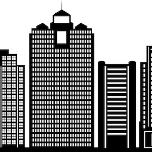 Pode incluir: Silhueta em preto e branco de um horizonte da cidade com edifícios altos, uma igreja e um guindaste.