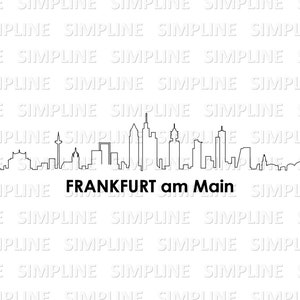 Puede incluir: Una ilustración en blanco y negro de línea de arte del horizonte de Frankfurt, con el texto "FRANKFURT am Main" debajo del horizonte.